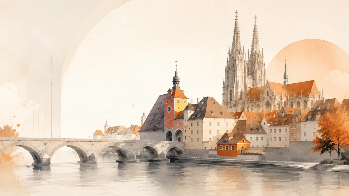 Illustration von Regensburg mit Dom, Steinerner Brücke und warmen Orangetönen